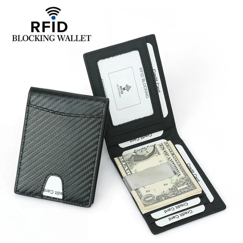 RFID Carbon Fiber Slim Money Clip for Men Leather Mini Wallet
