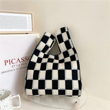 Plaid Niche Girls' Knitting Handbag Women's Shoulder Knitting Fashionable