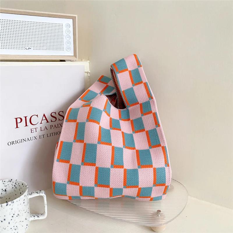 Plaid Niche Girls' Knitting Handbag Women's Shoulder Knitting Fashionable