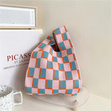 Plaid Niche Girls' Knitting Handbag Women's Shoulder Knitting Fashionable