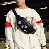 High-End PU Leather Men's Waist Bag with Skull Rivet Design