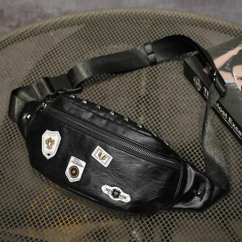 High-End PU Leather Men's Waist Bag with Skull Rivet Design