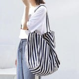 Casual Canvas Tote Handbag Large Shoulder Bag Striped Canvas Shopper Bags
