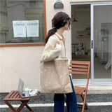Large Capacity Smiley Buckle Canvas Tote Bag for Women