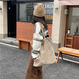 Large Capacity Smiley Buckle Canvas Tote Bag for Women