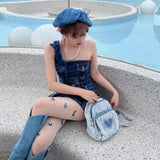 Vintage Rhinestone Small Backpack Girls Canvas Denim Schoolbags