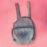 Vintage Rhinestone Small Backpack Girls Canvas Denim Schoolbags