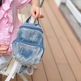 Vintage Rhinestone Small Backpack Girls Canvas Denim Schoolbags
