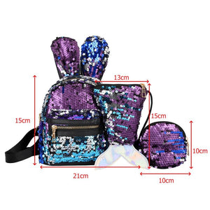 Glitter Backpack Kids Girls Boys Rabbit Ears Sequin Backpacks Knapsack
