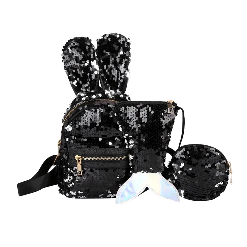 Glitter Backpack Kids Girls Boys Rabbit Ears Sequin Backpacks Knapsack