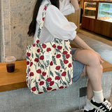 Mara's Canvas Shoulder Bag Large Capacity Reusable Shopping Tote Floral Handbags