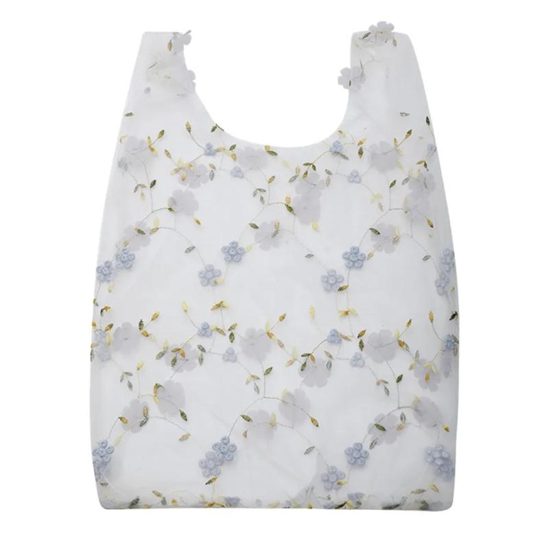 Flower Embroidery Women Handbag Transparent Organza Casual Tote Shoulder Bag