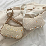 Straw Shoulder Bag with Daisy Pattern Zipper Closure Retro Bohemia Style