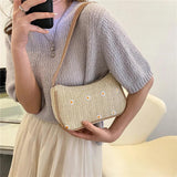 Straw Shoulder Bag with Daisy Pattern Zipper Closure Retro Bohemia Style