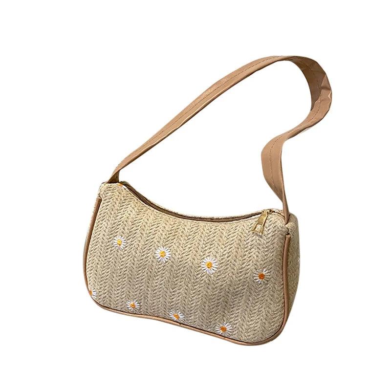 Straw Shoulder Bag with Daisy Pattern Zipper Closure Retro Bohemia Style