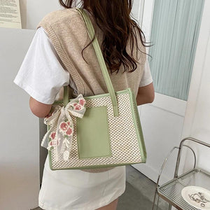 Embroidered Flower Bowknot Patchwork Shoulder Bag for Daily Shopping