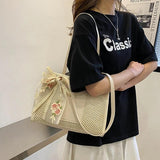 Embroidered Flower Bowknot Patchwork Shoulder Bag for Daily Shopping
