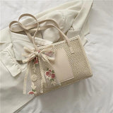 Embroidered Flower Bowknot Patchwork Shoulder Bag for Daily Shopping