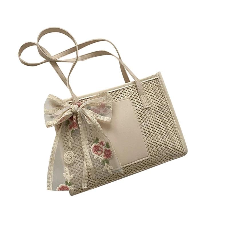 Embroidered Flower Bowknot Patchwork Shoulder Bag for Daily Shopping