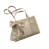 Embroidered Flower Bowknot Patchwork Shoulder Bag for Daily Shopping