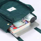 Corduroy Shoulder Bag Reusable Shopping Tote Soft Handbag Button Closure
