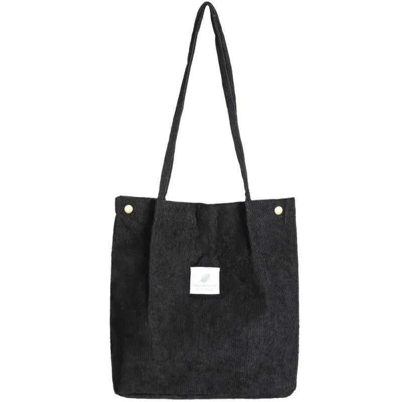 Corduroy Shoulder Bag Reusable Shopping Tote Soft Handbag Button Closure