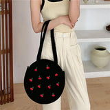 Embroidery Cherry Round Handbag Tote Bag for Women, Large Capacity Shoulder Bag