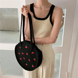 Embroidery Cherry Round Handbag Tote Bag for Women, Large Capacity Shoulder Bag