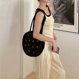 Embroidery Cherry Round Handbag Tote Bag for Women, Large Capacity Shoulder Bag