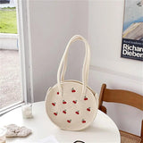 Embroidery Cherry Round Handbag Tote Bag for Women, Large Capacity Shoulder Bag