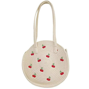 Embroidery Cherry Round Handbag Tote Bag for Women, Large Capacity Shoulder Bag