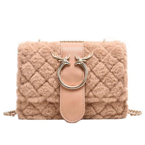 Winter Soft Fur Women Handbag Deer Lock Chain Plush Shoulder Messenger
