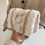 Winter Soft Fur Women Handbag Deer Lock Chain Plush Shoulder Messenger