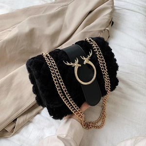 Winter Soft Fur Women Handbag Deer Lock Chain Plush Shoulder Messenger