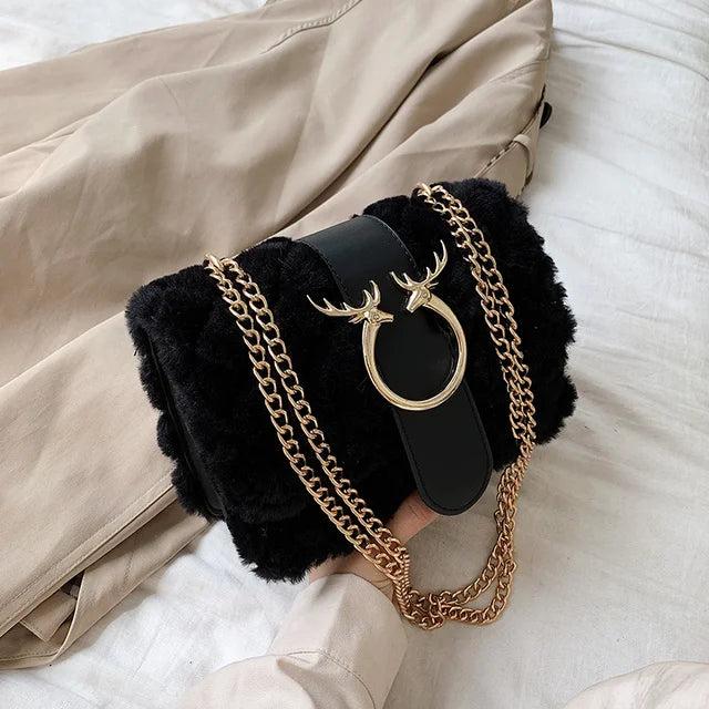 Winter Soft Fur Women Handbag Deer Lock Chain Plush Shoulder Messenger