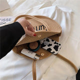 Women Straw Shoulder Bag Round Tote Bag Ribbon Decoration
