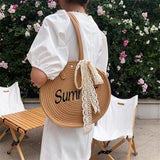 Women Straw Shoulder Bag Round Tote Bag Ribbon Decoration