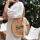 Women Straw Shoulder Bag Round Tote Bag Ribbon Decoration