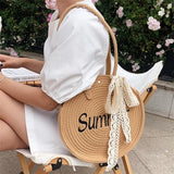 Women Straw Shoulder Bag Round Tote Bag Ribbon Decoration
