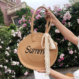 Women Straw Shoulder Bag Round Tote Bag Ribbon Decoration