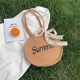 Women Straw Shoulder Bag Round Tote Bag Ribbon Decoration