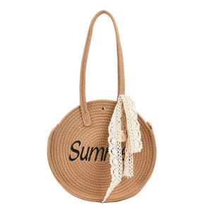 Women Straw Shoulder Bag Round Tote Bag Ribbon Decoration