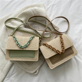 Woven Straw Women Shoulder Messenger Bag Acrylic Chain Small Square Purse