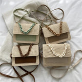 Woven Straw Women Shoulder Messenger Bag Acrylic Chain Small Square Purse