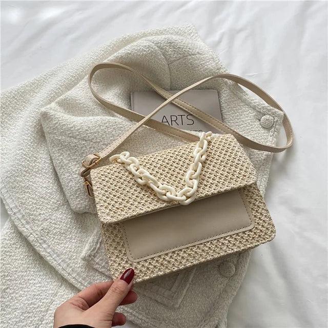Woven Straw Women Shoulder Messenger Bag Acrylic Chain Small Square Purse