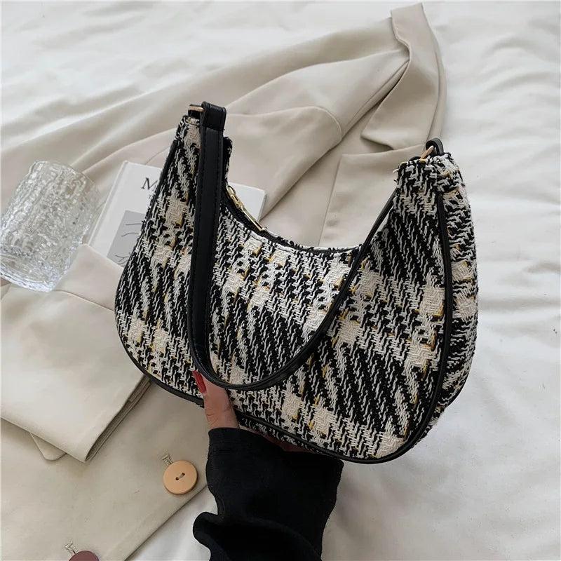 Vintage Plaid Canvas Shoulder Bag for Women