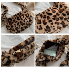 Leopard Chain Shoulder Bag Soft Warm Fur Messenger Handbag Plush Winter Bag