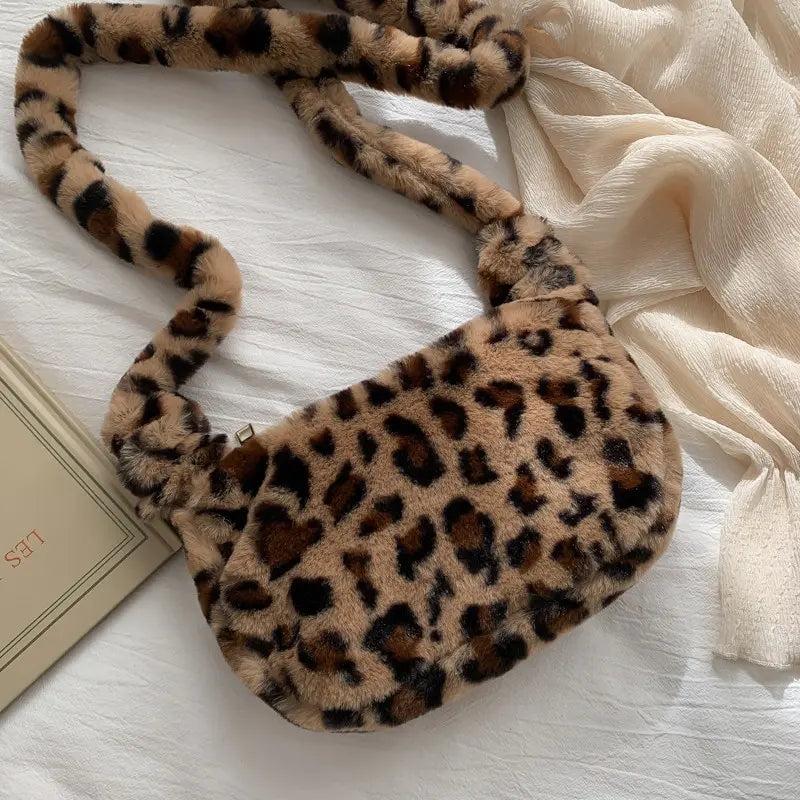 Leopard Chain Shoulder Bag Soft Warm Fur Messenger Handbag Plush Winter Bag