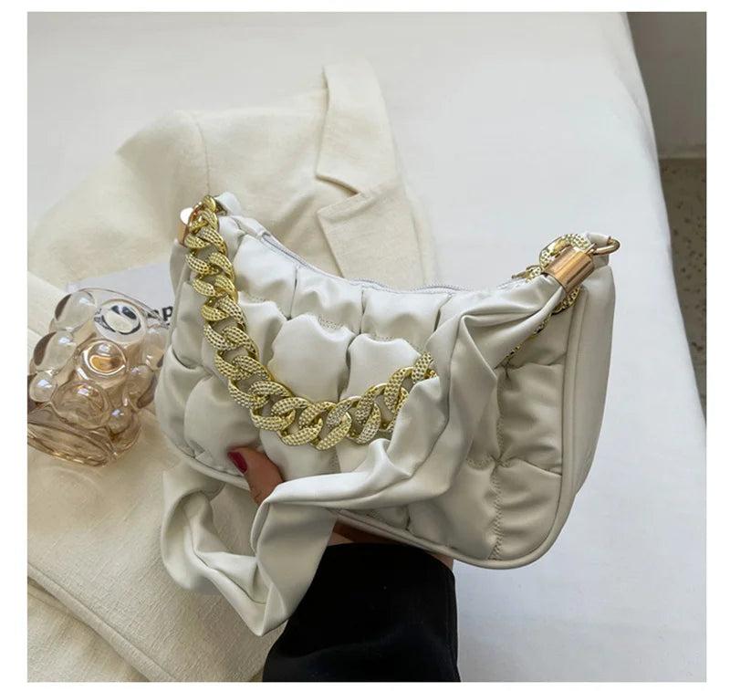 PU Leather Shoulder Bag for Women Chains Decor Hobos Handbag Clutch