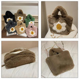 Winter Large Capacity Handbag Woolen Faux Fur Flower Plush Tote Bag